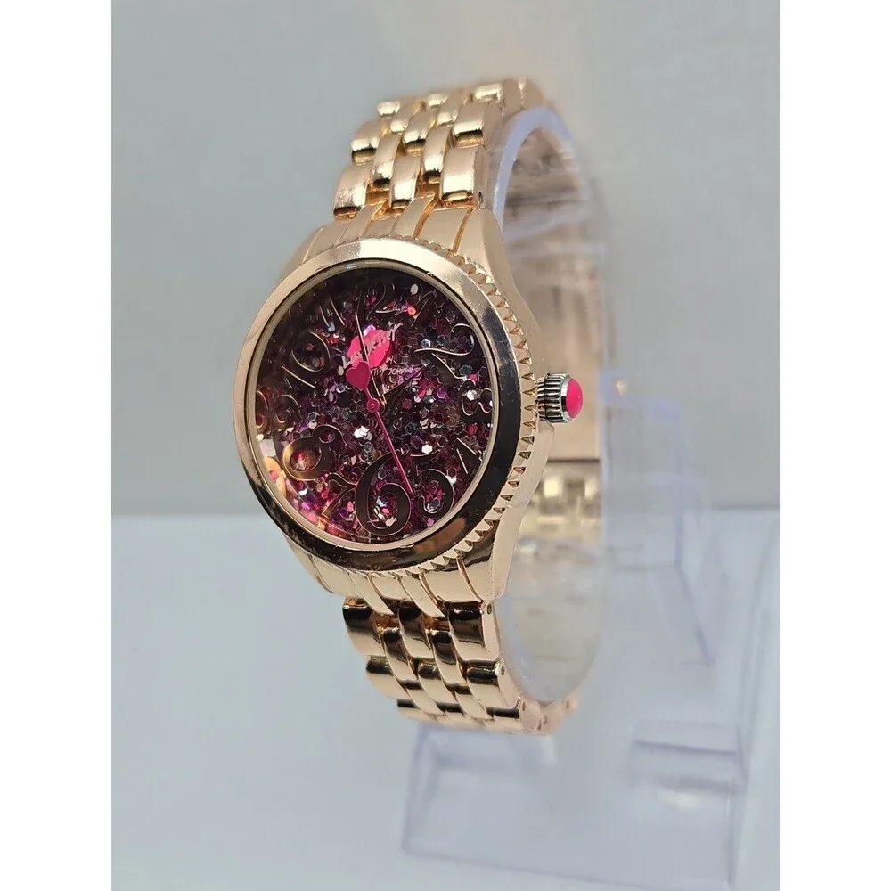 Womens Luv Betsey Johnson Pink Glitter Confetti Rose Gold 36mm Watch New Battery